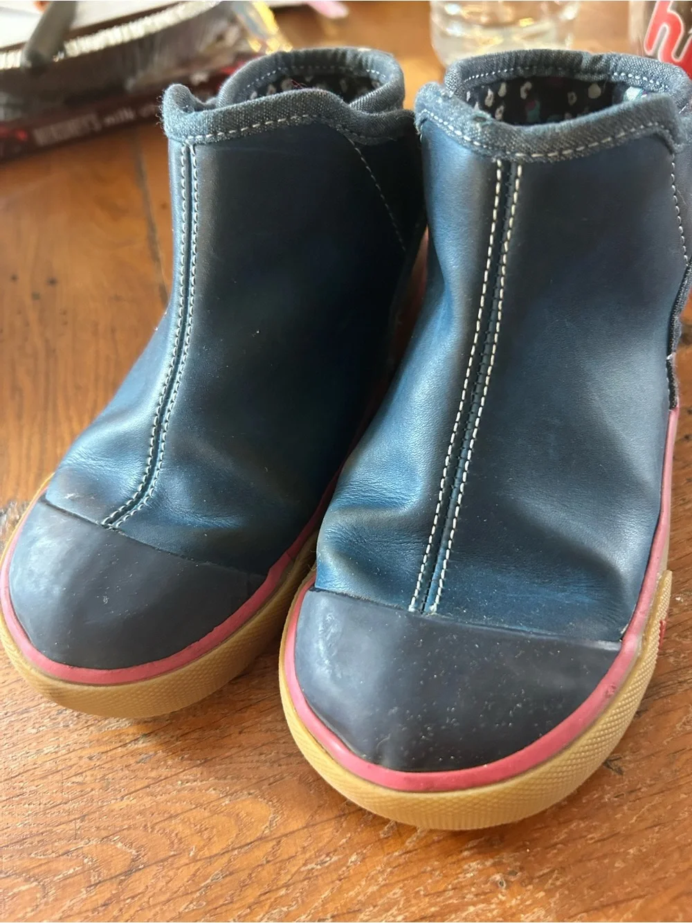 See Kai Run Navy Ankle Boots with Red Trim and Gum Soles